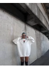 Oversize Üç İplik Bisiklet Yaka Baskılı SweatShirt - Beyaz