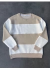 Parçalı Bisiklet Yaka Baskılı SweatShirt - Bej