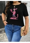 Pembe Panter Baskılı Oversize Bisiklet Yaka T-shirt - Beyaz