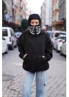 Samuray Kapşonlu ZIP Fermuarlı Çift Kapşonlu Nakışlı SweatShirt- Siyah