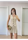 Takım Görünümlu Yelekli Mini Elbise- Bej