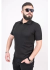 Triko Dokuma Yakalı T-shirt - Siyah