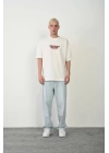 Unisex Baskılı Bisiklet Yaka Oversize T-Shirt - Beyaz