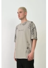 Unisex Baskılı Bisiklet Yaka Oversize T-Shirt - Boyalı Gri