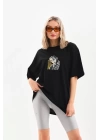 Unisex Baskılı Oversize T-Shirt - Siyah