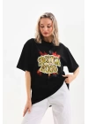 Unisex Baskılı Oversize T-Shirt - Siyah