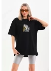 Unisex Baskılı Oversize T-Shirt - Siyah