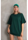 Unisex Bisiklet Yaka 20/1 Düz Oversize T-Shirt - Yeşil