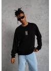 Unisex Bisiklet Yaka Baskılı Oversize Sweatshirt - Siyah