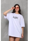 Unisex Bisiklet Yaka Baskılı Oversize T-Shirt - Beyaz