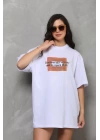 Unisex Bisiklet Yaka Baskılı Oversize T-Shirt - Beyaz