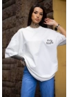 Unisex Bisiklet Yaka Baskılı Oversize T-Shirt - Beyaz