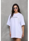 Unisex Bisiklet Yaka Baskılı Oversize T-Shirt - Beyaz