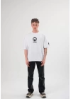 Unisex Bisiklet Yaka Baskılı Oversize T-Shirt - Beyaz