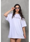 Unisex Bisiklet Yaka Baskılı Oversize T-Shirt - Beyaz