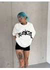 Unisex Bisiklet Yaka Baskılı Oversize T-Shirt - Beyaz