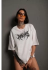 Unisex Bisiklet Yaka Baskılı Oversize T-Shirt - Beyaz