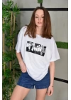 Unisex Bisiklet Yaka Baskılı Oversize T-Shirt - Beyaz