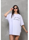 Unisex Bisiklet Yaka Baskılı Oversize T-Shirt - Beyaz