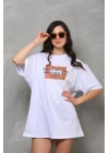 Unisex Bisiklet Yaka Baskılı Oversize T-Shirt - Beyaz