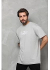 Unisex Bisiklet Yaka Baskılı Oversize T-Shirt - Gri