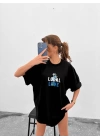 Unisex Bisiklet Yaka Baskılı Oversize T-Shirt - Siyah