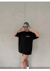 Unisex Bisiklet Yaka Baskılı Oversize T-Shirt - Siyah