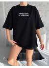 Unisex Bisiklet Yaka Baskılı Oversize T-Shirt - Siyah