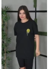 Unisex Bisiklet Yaka Baskılı Oversize T-Shirt - Siyah