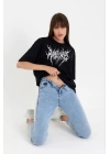 Unisex Bisiklet Yaka Baskılı Oversize T-Shirt - Siyah