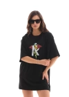 Unisex Bisiklet Yaka Baskılı Oversize T-Shirt - Siyah