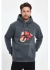 Unisex Kapüşonlu Üç İplik Oversize Baskılı Sweatshirt - Gri