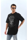 Unisex Oversize Taşlı Bisiklet Yaka T-Shirt - Siyah