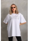 Unisex Taş Desenli Oversize T-Shirt - Beyaz