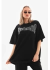 Unisex Taş Desenli Oversize T-Shirt - Beyaz