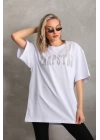 Unisex Taş Desenli Oversize T-Shirt - Beyaz