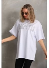 Unisex Taş Desenli Oversize T-Shirt - Beyaz