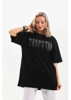 Unisex Taş Desenli Oversize T-Shirt - Siyah