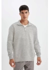 Unisex Uzun Kol Yarım Farmuarlı Yakalı Basic SweatShirt - Gri