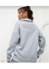 Unisex Uzun Kol Yarım Farmuarlı Yakalı Basic SweatShirt - Gri