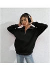 Unisex Uzun Kol Yarım Farmuarlı Yakalı Basic SweatShirt - Siyah