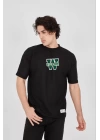 Unisex Waffle Kumaş Çift Katlamalı Kol Baskılı T-Shirt - Siyah