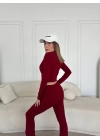 V yaka uzun kollu bluz İspanyol paçalı tayt İkili Takım - Bordo