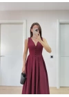 V yaka Uzun Kolsuz Elbise- Bordo