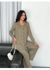 Yakalı Düğmeli Uzun Kollu Gömlek Pantolon ikili Takım - Bej