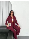 Yakalı Düğmeli Uzun Kollu Gömlek Pantolon ikili Takım - Bordo