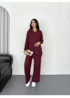 Yakalı Düğmeli Uzun Kollu Gömlek Pantolon ikili Takım - Bordo