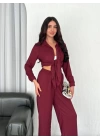 Yakalı Düğmeli Uzun Kollu Gömlek Pantolon ikili Takım - Bordo