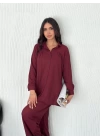 Yakalı Düğmeli Uzun Kollu Gömlek Pantolon ikili Takım - Bordo