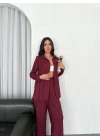 Yakalı Düğmeli Uzun Kollu Gömlek Pantolon ikili Takım - Bordo